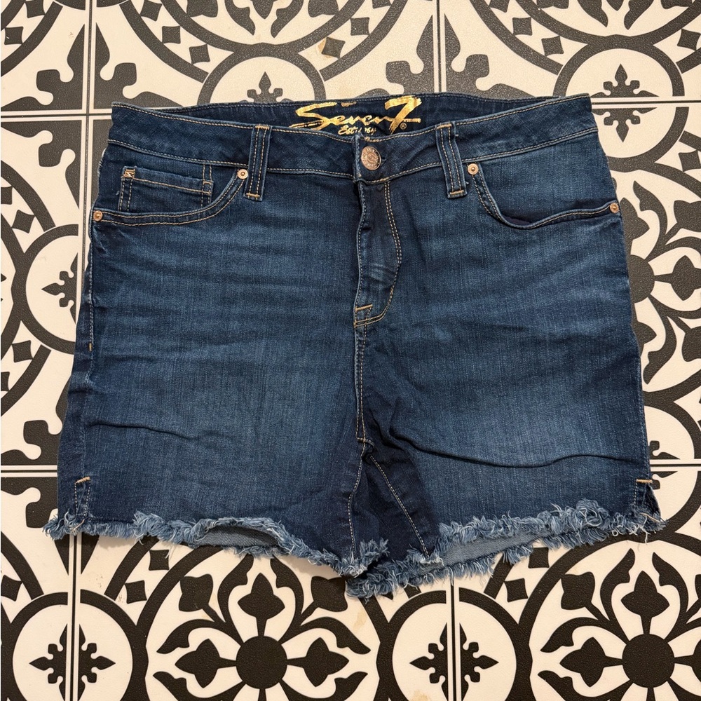 Seven7 Dark Blue Frayed Hem Jean Shorts